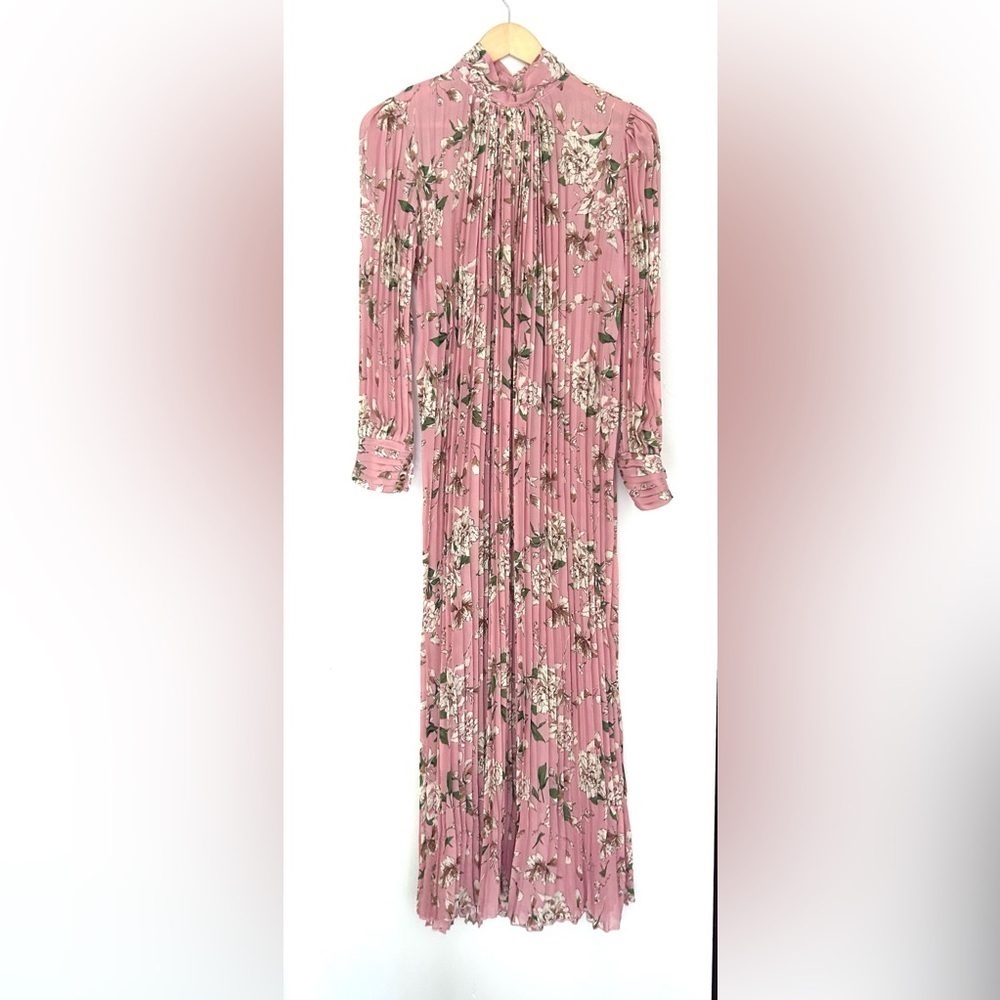 Unique pink printed pleated dress maxi flowy floral print long sleeve - Picture 4 of 9